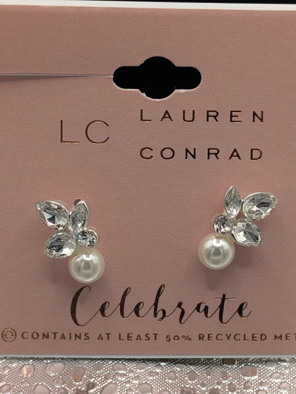 LC Lauren Conrad Pearl Stud Earrings with Clear Crystal Accents - White & Clear